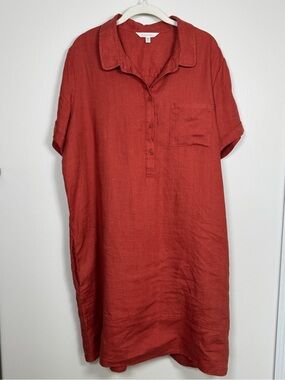 Garnet Hill Linen Shirt Dress XL Rust Orange Short Sleeve Collared Pocket Midi